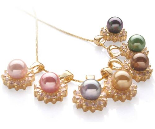 Rose Pink, Champagne, Peacock Black, Chocolate, Pale Pink, Grey and Peacock Green 6mm Southsea Shell Pearl Pendants, 18K Yellow Gold Overlay, Free Chains