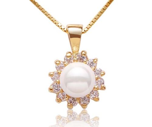 White 6mm Southsea Shell Pearl Pendant, 18K Yellow Gold Overlay, Free Chain