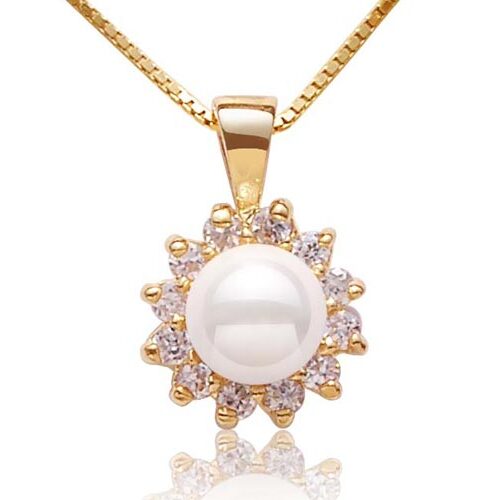 White 6mm Southsea Shell Pearl Pendant, 18K Yellow Gold Overlay, Free Chain