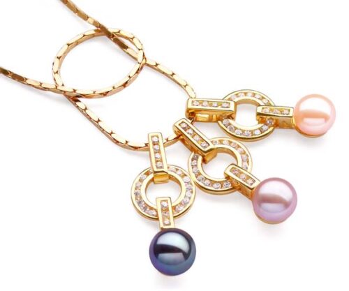 Black, Pink and Mauve 9-10mm Freshwater Pearl Pendants, 18K Yellow Gold Overlay, Adjustable Chains