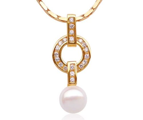 White 9-10mm Freshwater Pearl Pendant, 18K Yellow Gold Overlay, Adjustable Chain