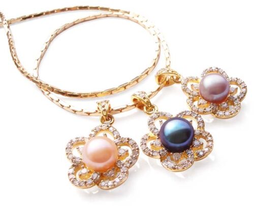 Mauve, Black and Pink Genuine 8-9mm Pearl Pendants in Flower Design, 18K Yellow Gold Overlay