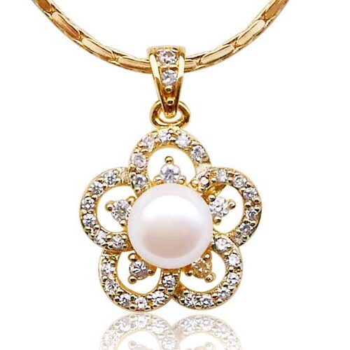 White Genuine 8-9mm Pearl Pendant in Flower Design, 18K Yellow Gold Overlay