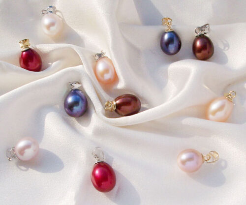 White, Pink, Mauve, Black, Chocolate and Cranberry 9-10mm Drop Pearl Pendants in 14K Gold