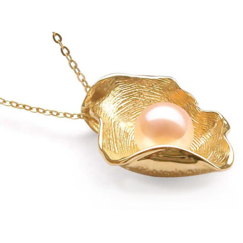 Genuine Pink 8-9mm AAA Round Pearl Pendant in 14k Solid Gold