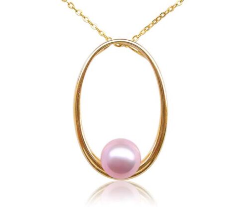 Mauve 8-9mm Round Pearl in a 14k Solid Yellow Gold Large Hoop Pendant