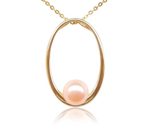 Pink 8-9mm Round Pearl in a 14k Solid Yellow Gold Large Hoop Pendant