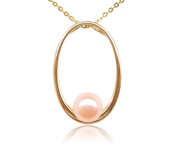 Pink 8-9mm Round Pearl in a 14k Solid Yellow Gold Large Hoop Pendant