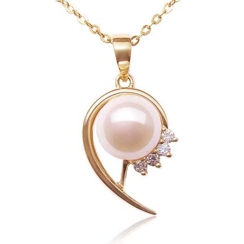 White 8-9mm Round Pearl Pendant with CZ Diamonds, 14k Solid Yellow Gold