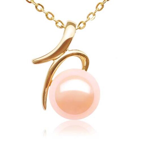 Pink Simple 8-9mm AAA Round Pearl Pendant, 14K Solid Yellow Gold