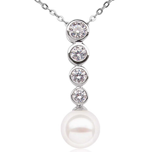 White 8mm 18K WG AAA Round Pearl Pendant with CZ Diamond