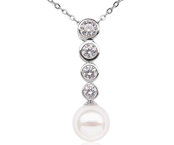White 8mm 18K WG AAA Round Pearl Pendant with CZ Diamond
