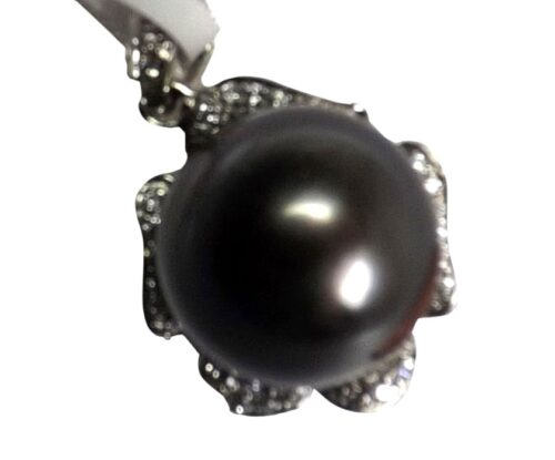 18K White Gold Diamond Tahitian Black Pearl Pendant
