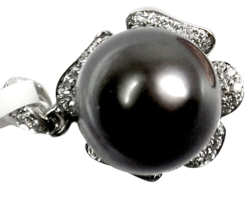 18K White Gold Diamond Tahitian Black Pearl Pendant