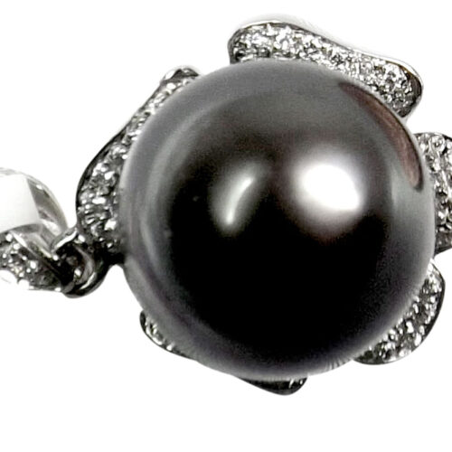 18K White Gold Diamond Tahitian Black Pearl Pendant