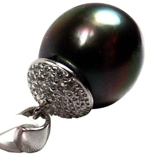 Large 14KWG Tahitian Peacock Black Round Pearl Pendant