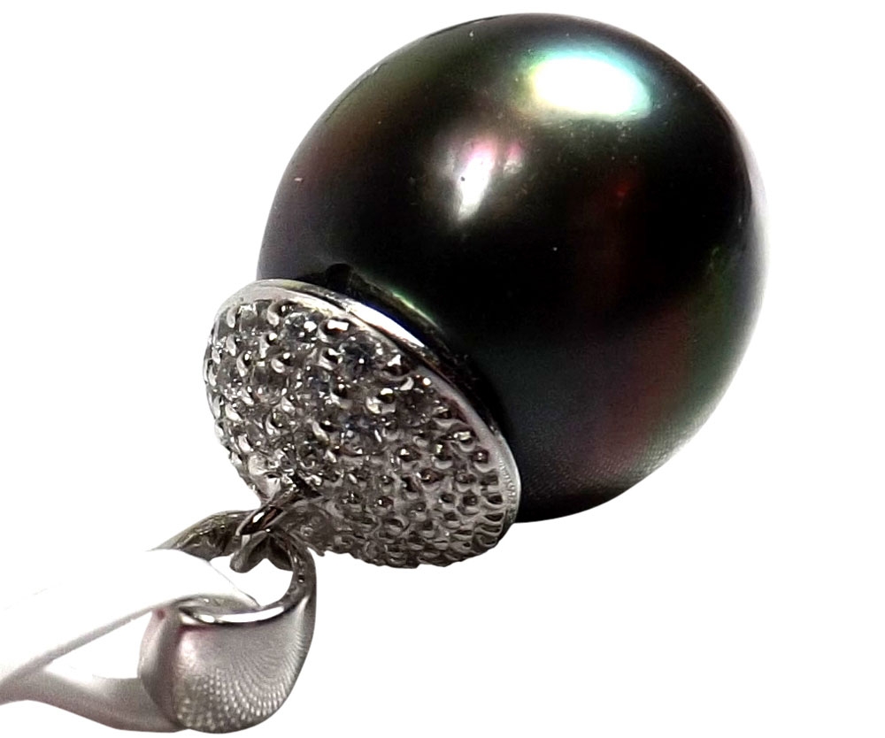 Large 14KWG Tahitian Peacock Black Round Pearl Pendant