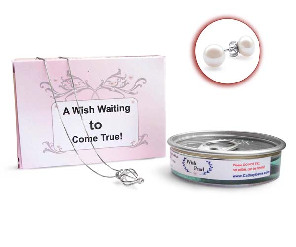 Make a Wish - Pearl Necklace and Earrings Gift Set with Silver Necklace, Silver Pearl Cage, and Pearl Studs Earrings