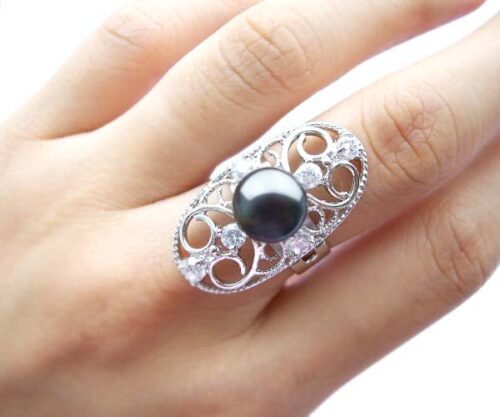 Black 9-10mm Oval Shaped Pearl Ring with 6 Cz Diamonds and 925 Sterling Silver