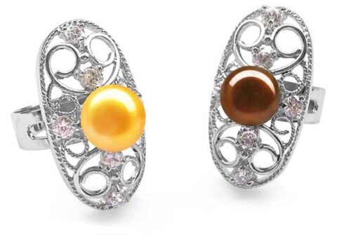 Gold and Chocolate 9-10mm Oval Shaped Pearl Rings with 6 Cz Diamonds and 925 Sterling Silver