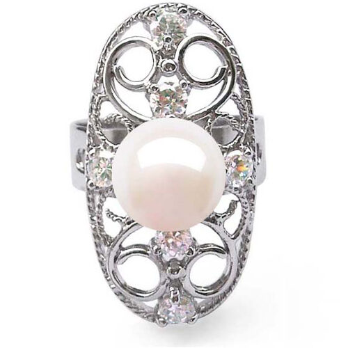 Oval Shaped 9-10mm Pearl Ring with 6 Cz Diamonds and 925 Sterling Silver