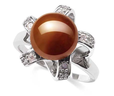 Chocolate Large 9.5-10mm Pearl Sterling Silver Ring with CZ Diamonds