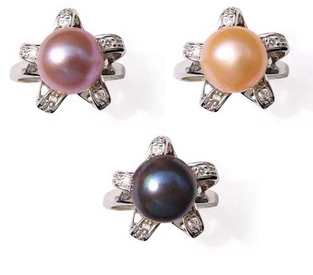 Mauve, Pink and Black Large 9.5-10mm Pearl Sterling Silver Rings with CZ Diamonds