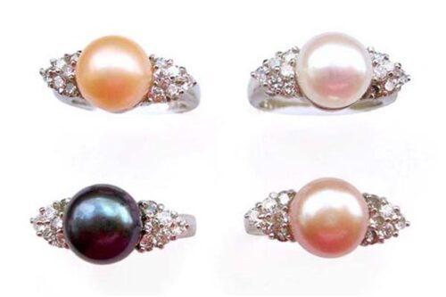 Pink, White, Black and Mauve 8-8.5mm Pearl SS Ring with Shining Cz Diamonds on Sides, 18K WG Overlay