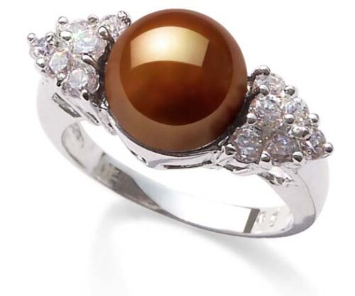 Chocolate 8-8.5mm Pearl SS Ring with Shining Cz Diamonds on Sides, 18K WG Overlay