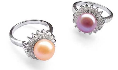 Pink and Mauve 9-10mm 925 Sterling Silver and Pearl Rings Surrounded by 16 Translucent CZ Diamonds