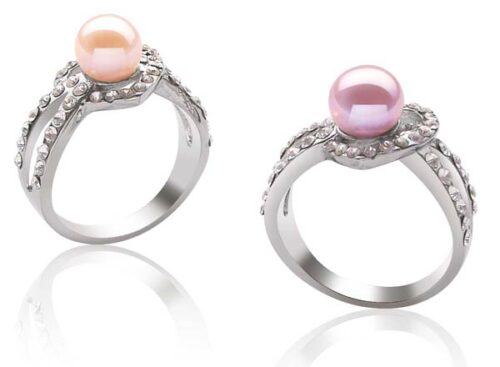 Mauve and Pink Heart Shaped Pearl Rings, 18K White Gold Overlay