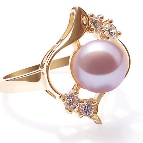 Pink 8-9mm Round Pearl Ring in 14k Solid Yellow Gold with Lab Created Diamonds