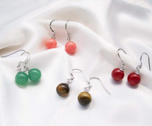Turquoise, Jade, Coral and Tigers Eye 8-9mm Earrings, 925 Sterling Silver