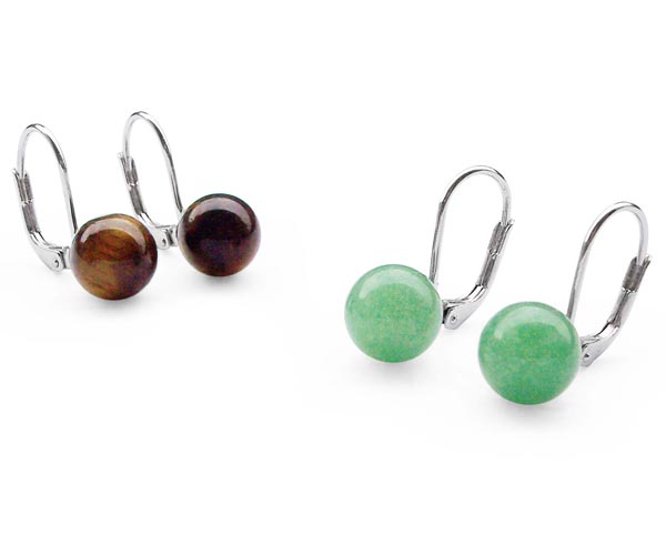 Tigers Eye and Green Jade 8mm Earrings, 925 Silver Leverback