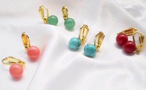 Pink Coral, Green Jade, Blue Turquoise and Red Coral 8-9mm Clip-on Earrings, 925 SS