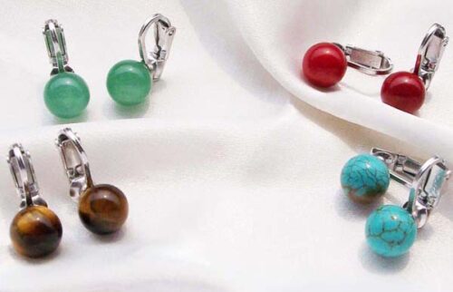 Green Jade,Tigers Eye, Red Coral and Blue Turquoise 8-9mm Clip-on Earrings, 925 SS