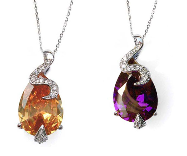 Champagne and Purple Large Drop Shaped and Tiny Round CZ Diamonds Silver Pendants