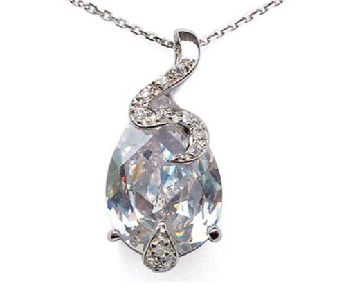Clear Large Drop Shaped and Tiny Round CZ Diamonds Silver Pendant