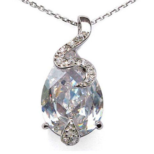 Clear Large Drop Shaped and Tiny Round CZ Diamonds Silver Pendant
