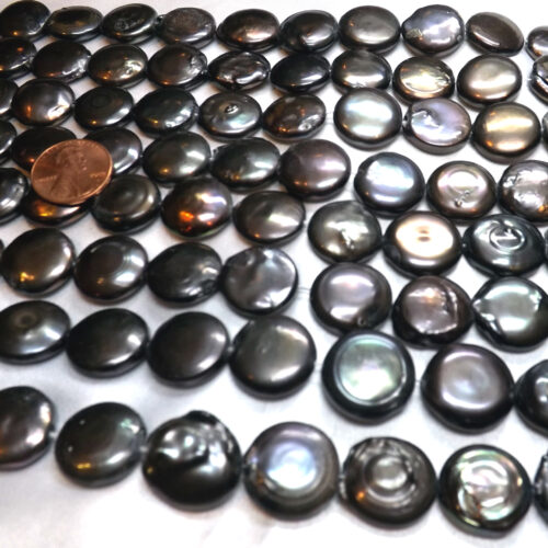 Huge 17-18mm AA Round Coin Pearl Strand, Black Flat Pearls