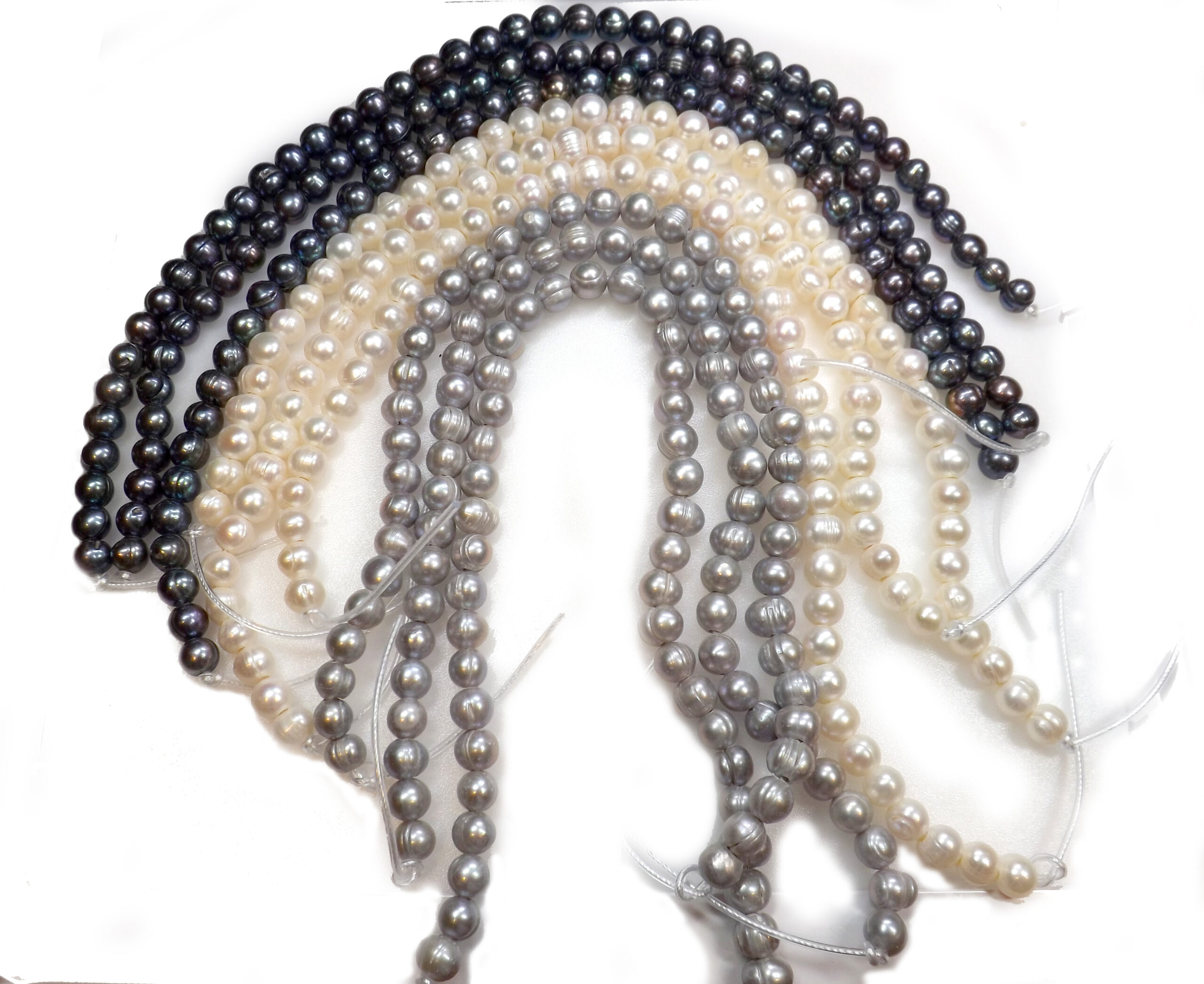 White grey and black colored 10-11mm Semi-Round Pearl Strands, 1.7mm, 2.0mm, 2.3mm or 2.5mm Hole