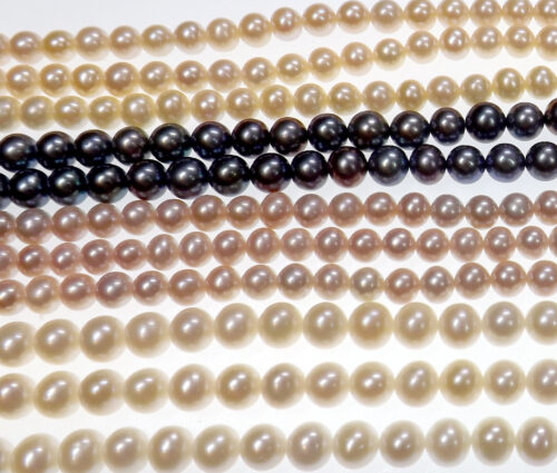 5-6mm Round White, pink, mauve and Black Pearl Strands