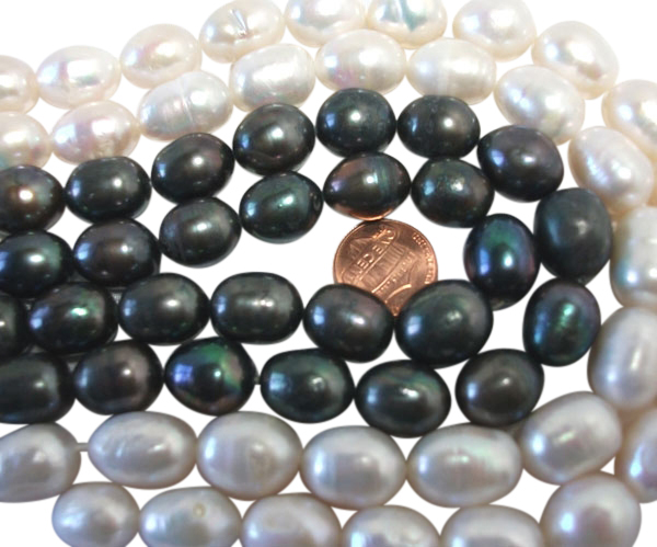 12-15mm Large Rice Drop Black and White Pearl Strands