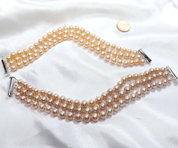 3-Row Pink and Mauve Round Pearl Bracelets, 925 Sterling Silver Clasp