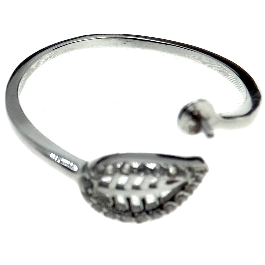 Leaf Designed Adjustable 925 Sterling Silver Ring Diamond Setting