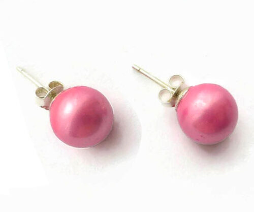 5-6mm Truly Round Hot Pink High Quality Pearl Stud Earrings 925 Sterling Silver