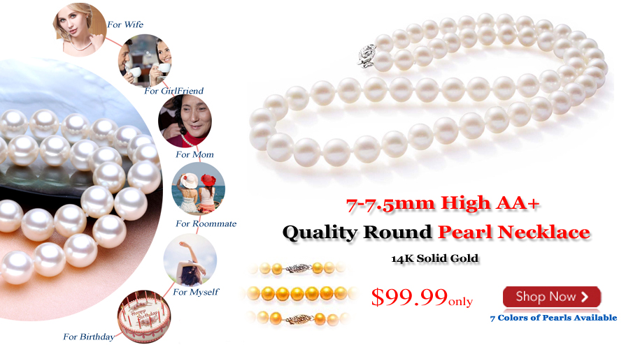 7-7.5mm White High AA+ Quality Round Pearl Necklace 14K Solid Gold