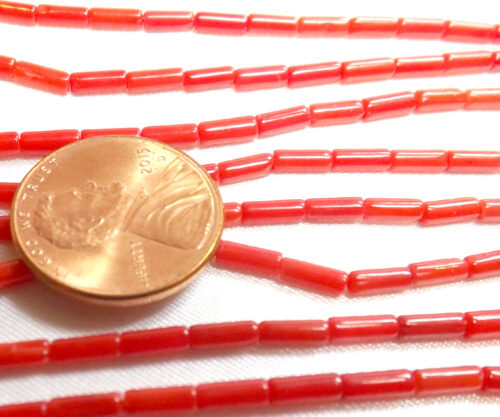3x6mm Tube Shaped Length Drilled Red Coral on Temporary Strand