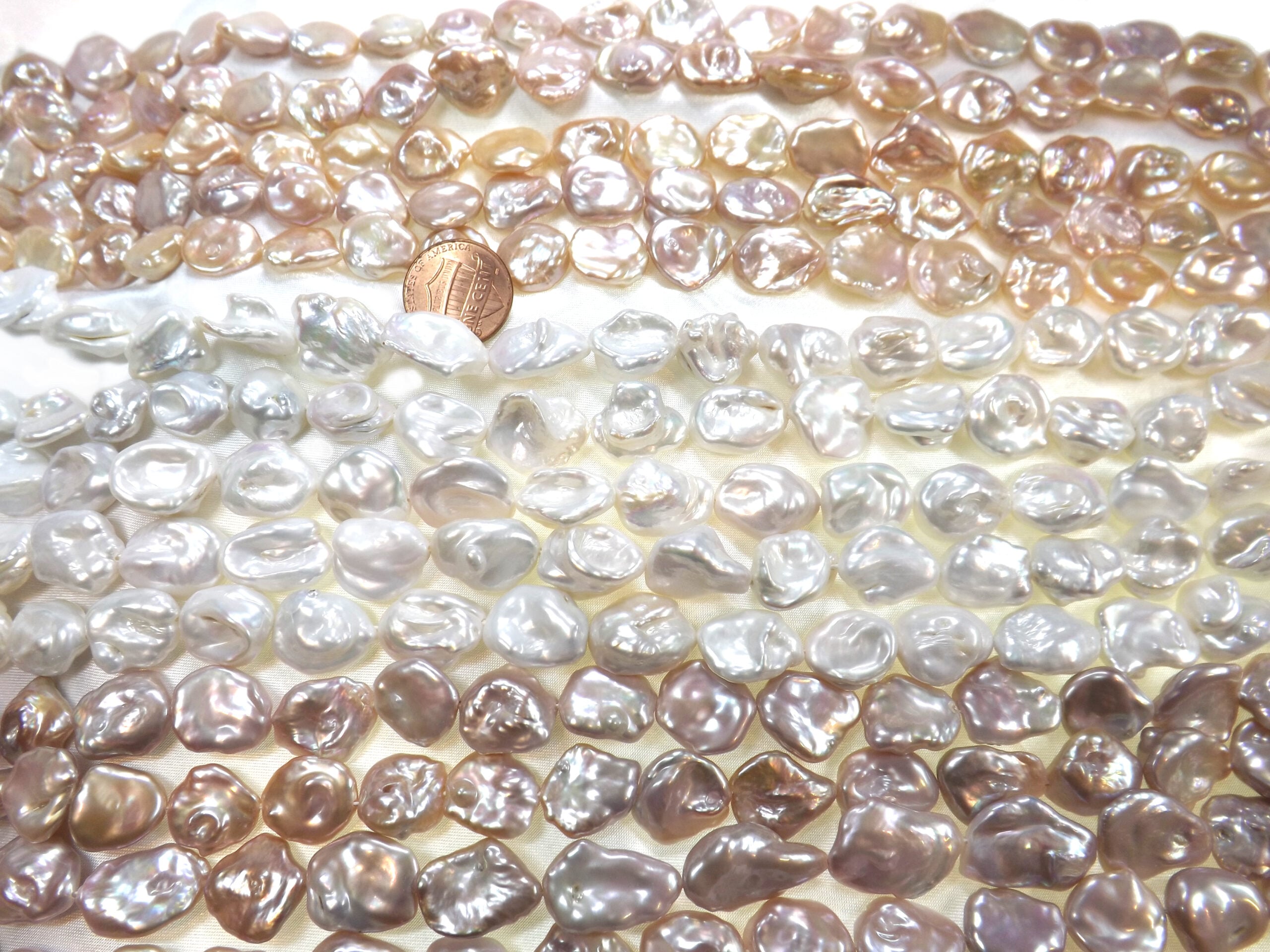 Pink, White and Mauve Colored 12-15mm Length Drilled High Quality Baroque Pearl Strands