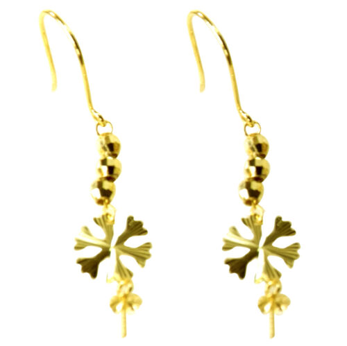 18K Solid Yellow Gold Leave Designed Dangling Pearl Earrings Settings